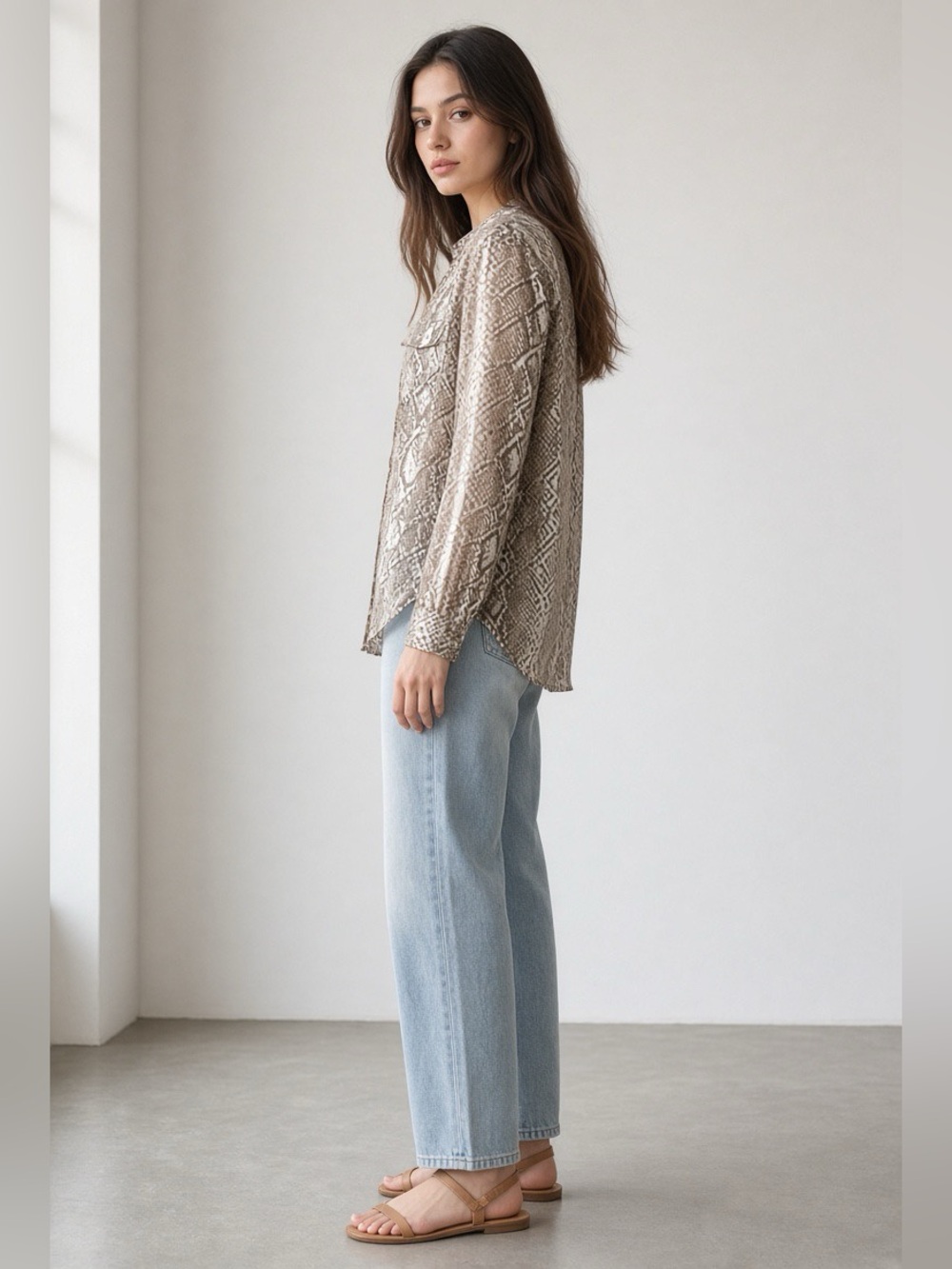 Kut from the Kloth Beige Snake-Print Button Front Blouse